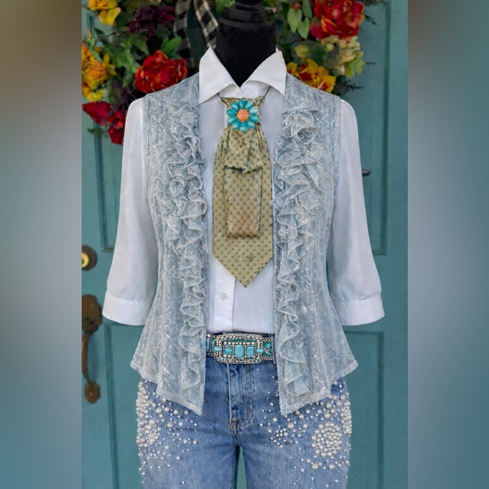 1960’s Flower Power Necktie Necklace Valentino Ricci Milano OOAK Brooch & Chain - Picture 5 of 10